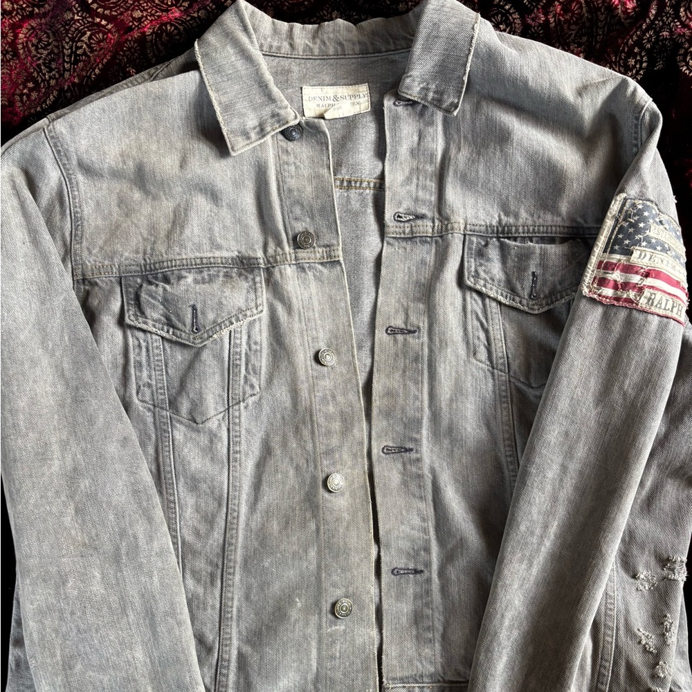Ralph Lauren Gray Denim Supply Jacket with Flag Patch Vintage Sz XXL